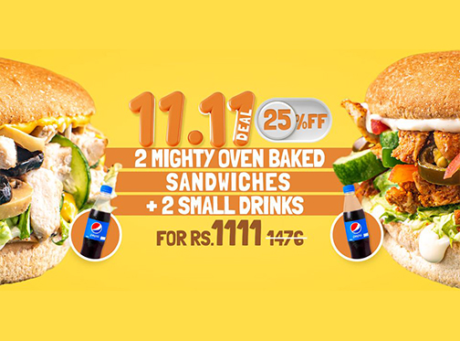 Broadway Pizza’s 11.11 deal! Get any 2 mighty oven-baked sandwiches + 2 small drinks for just Rs. 1111