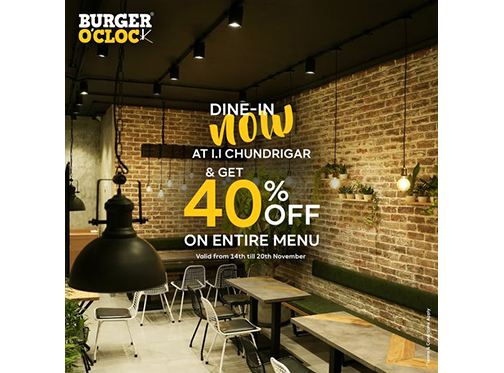 Burger O'Clock 40% off on Entire Menu