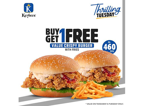 Tuesday only, Kaybees BUY 1 GET 1 FREE Offer Value Crispy Burger