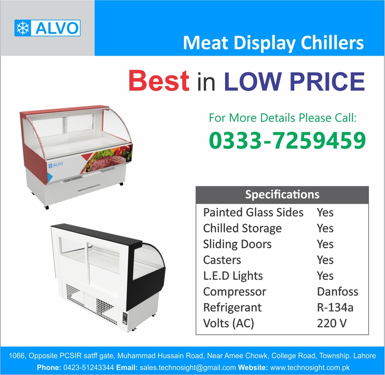 ALVO Meat Shop in Pakistan, Meat Display Chiller, Meat Hanging Chiller, Carcass Hanging Chiller, Equipment for Meat Shop in Pakistan
