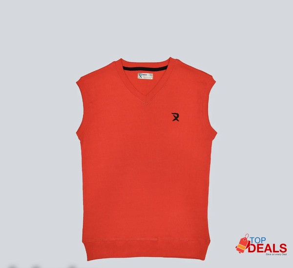 Red Sleeveless V Neck Rib Sweater for Men