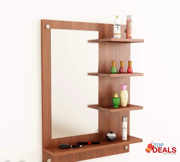 Wooden Wall Mirror With Shelfs ( Brown )